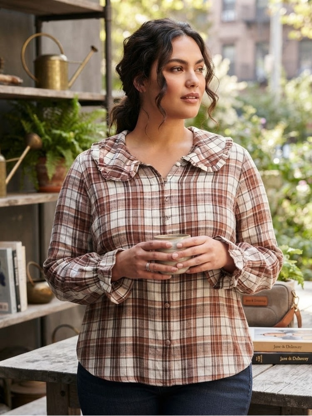 JANE + DELANCEY Plaid Top with Peter Pan Collar 1X 25” p2p Brown/White $68 NWT